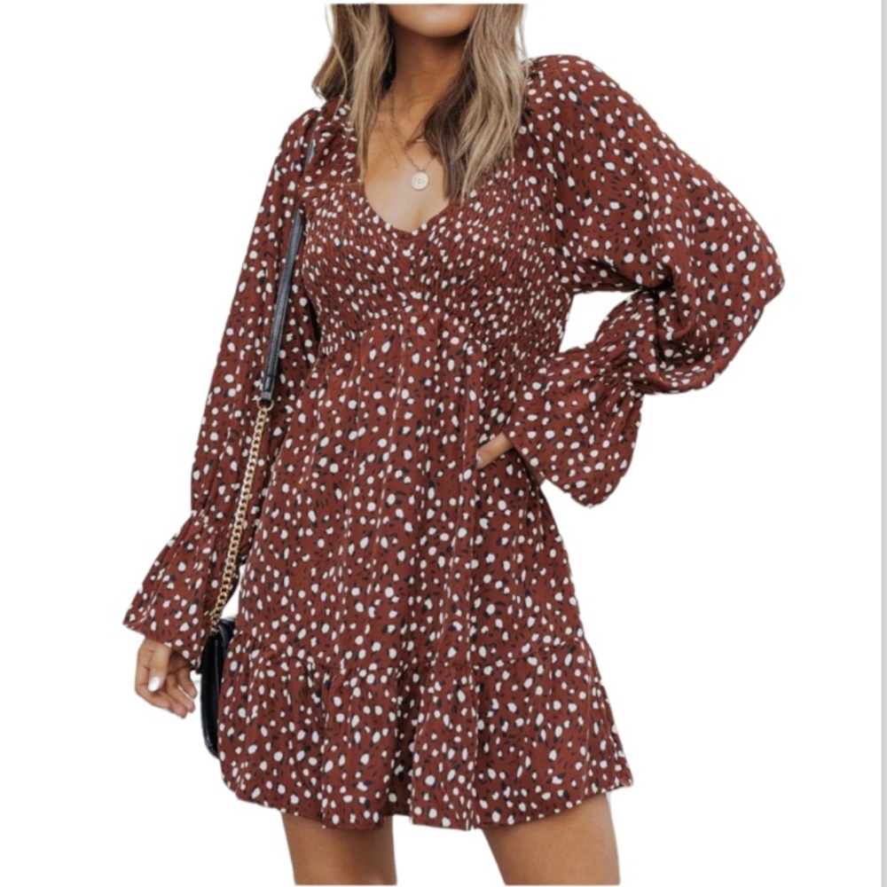 JOHNNY WAS Anthro Gorgeous Bell Sleeve Brown & White Print Mini Dress Sz Smal…
